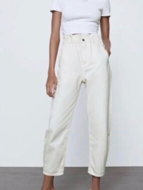 Zara Cream Paper bag High-Waist Ankle Jeans